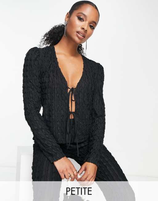 Lola May Petite tie front textured top in black (part of a set)