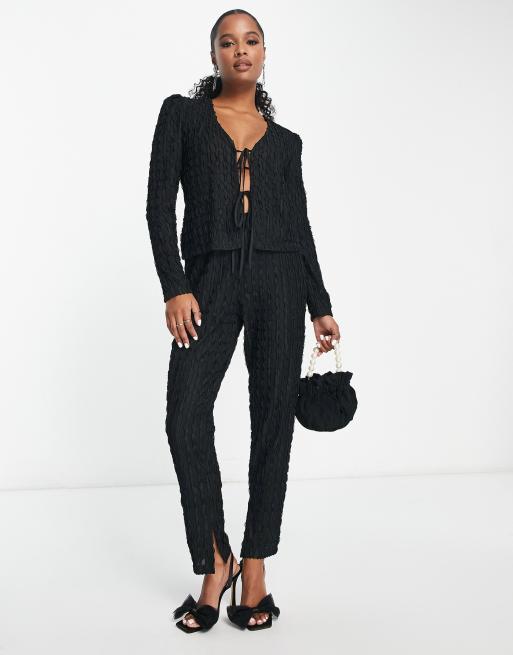 Lola May Petite tie front textured top in black (part of a set), 4 of 4