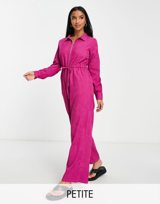 Lola May Petite - Tuta jumpsuit in velluto a coste color mora allacciata in vita