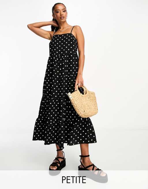 Lola May Petite - Vestito midi a trapezio nero a pois con scollo squadrato