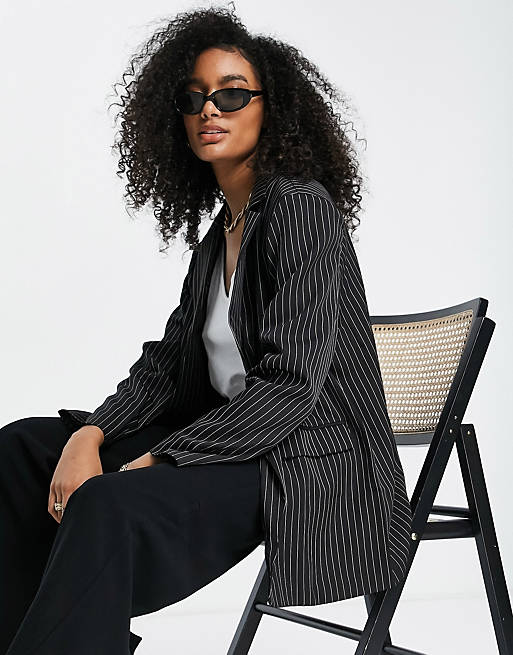 Lola May pin stripe oversized blazer in black | ASOS