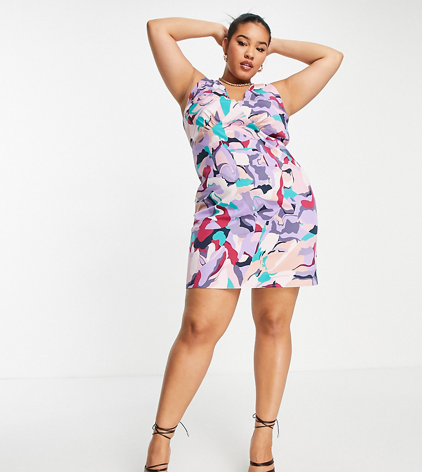 Lola May Curve Lola May Plus A-line mini dress with tie back in purple abstract print