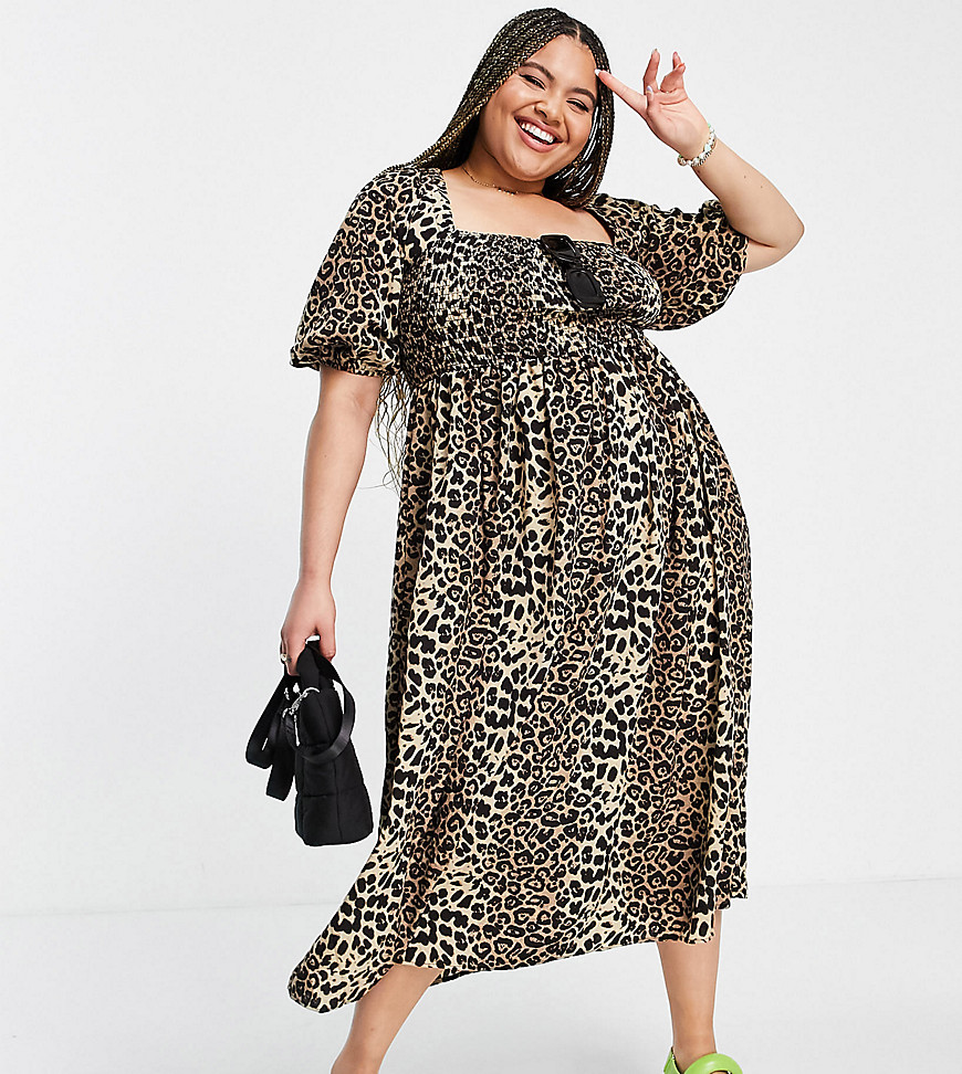 Lola May Plus leopard print puff sleeve midi dress-Multi