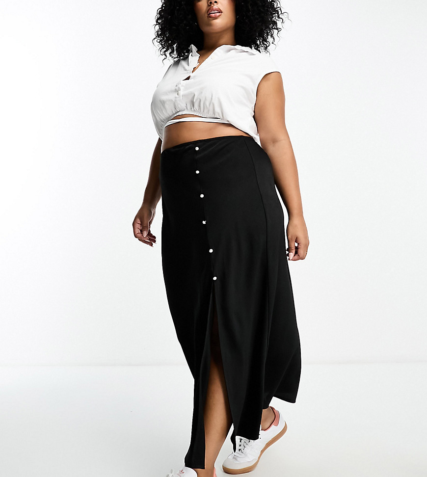 Lola May Plus maxi skirt with button detail and side split in black