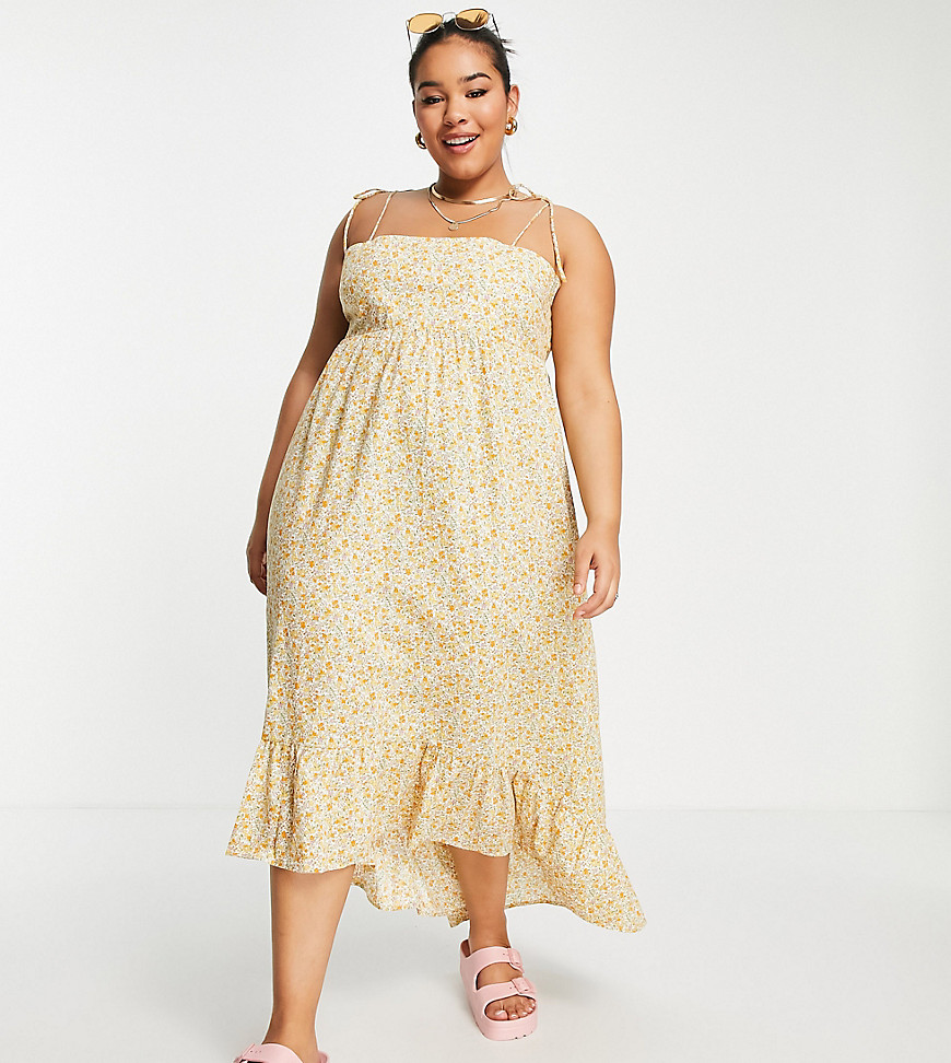 Lola May Curve Lola May Plus midaxi dress with tie straps and pephem in cream floral-White