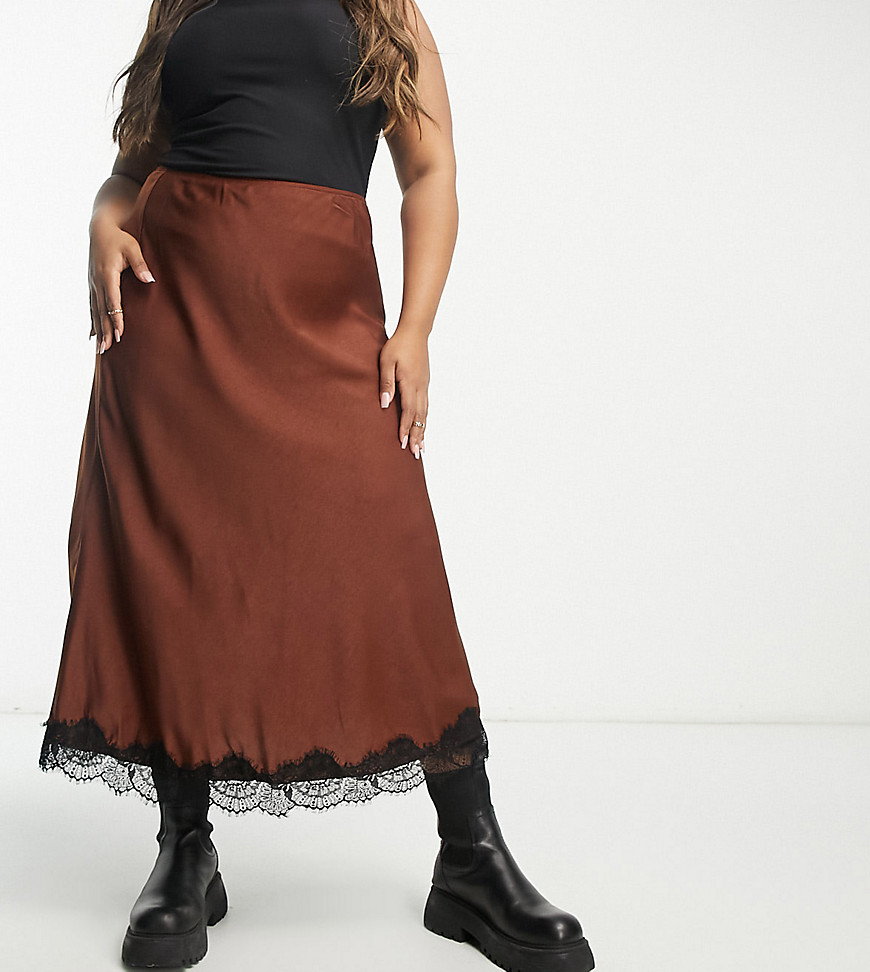 Lola May Plus midaxi skirt with lace trim in brown