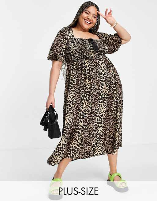 Lola May Plus - Midi jurk met pofmouwen en luipaardprint