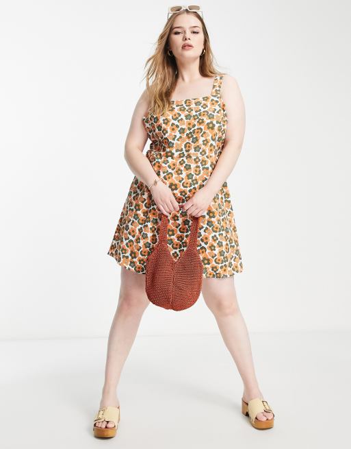 Lola May Plus mini cami dress in orange retro floral, 4 of 4