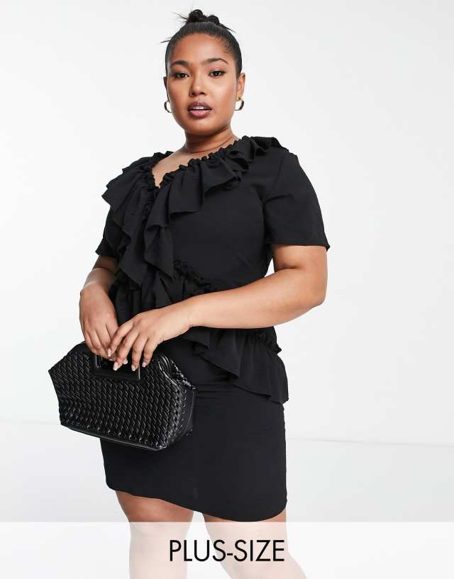 Lola May Plus mini dress with cross over frill detail in black