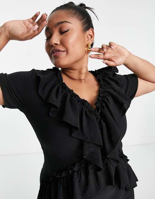 Lola May Plus mini dress with cross over frill detail in black, 4 of 4