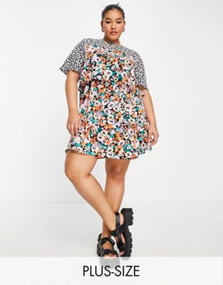 Lola May Plus mini skater dress with mixed print in black