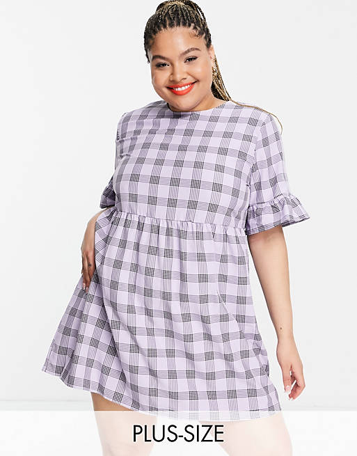 Lola May Plus mini smock dress in lilac check