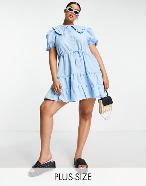 Lola May Plus – Niebieska sukienka koszulowa z kołnierzem oversize
