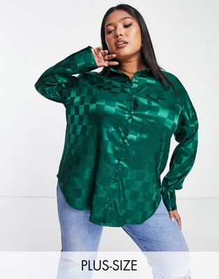 Lola May Plus oversized satin shirt in green check - ASOS Price Checker