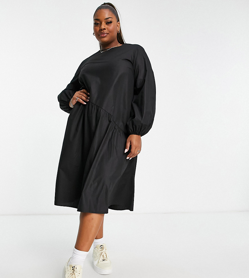 Lola May Plus oversized smock dress with asymmetric seam detail in black