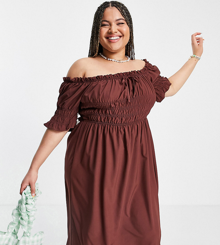 Lola May Plus puff sleeve ruched front midi dress in chocolate brown