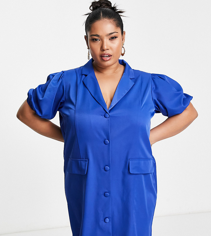 Lola May Curve Lola May Plus puff sleeve tailored dress in blue