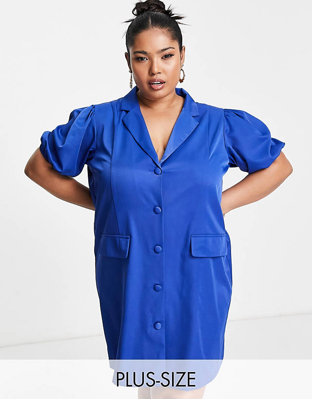 Lola May Curve - Lola May Plus puff sleeve tailored dress in blue