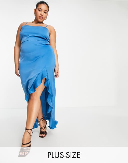 Lola May Plus - Robe mi-longue en satin avec ourlet à volants asymétrique - Sarcelle