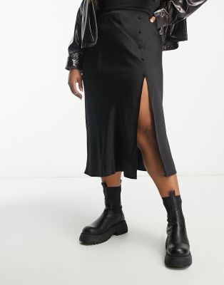 Lola May Plus satin midi skirt with button side in black