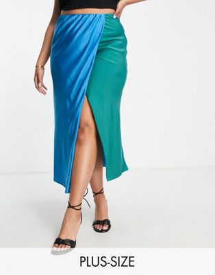 Lola May Plus satin midi skirt with slit in blue