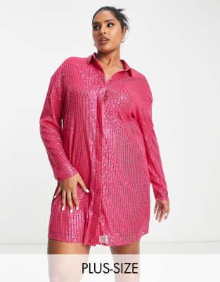 Lola May Curve Lola May Plus sequin shirt mini dress in pink