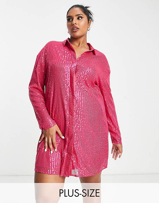 Lola May Curve - Lola May Plus sequin shirt mini dress in pink