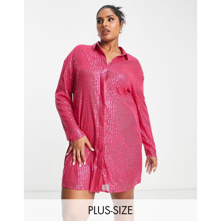 Lola May Plus sequin shirt mini dress in pink | ASOS