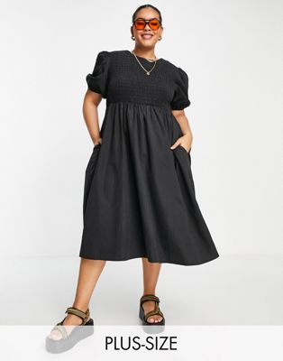 Lola May Plus shirred smock dress with puff sleeves in black