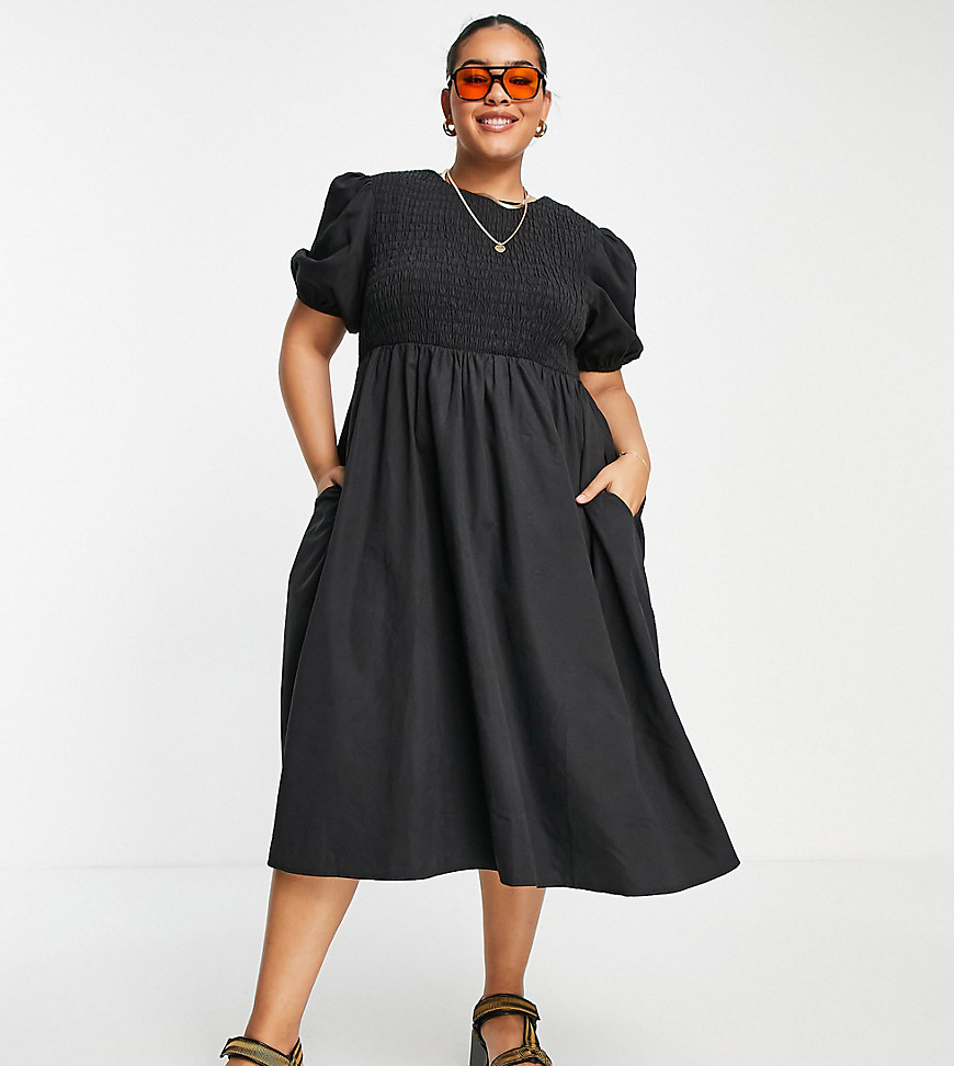 Lola May Plus shirred smock dress with puff sleeves in black