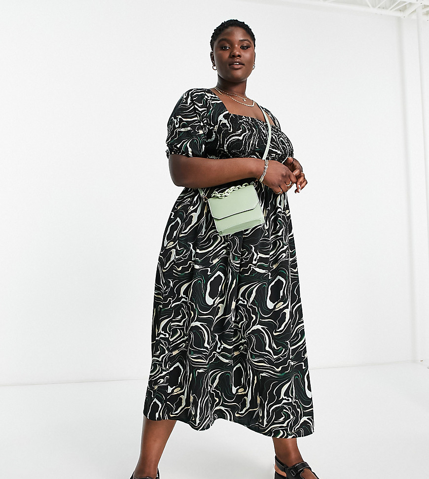 Lola May Plus shirred smock maxi dress with tie back in black