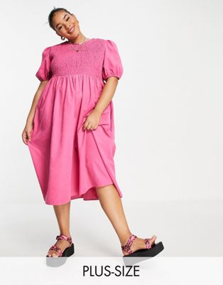 Lola May Plus shirred smock midi dress with puff sleeves in pink