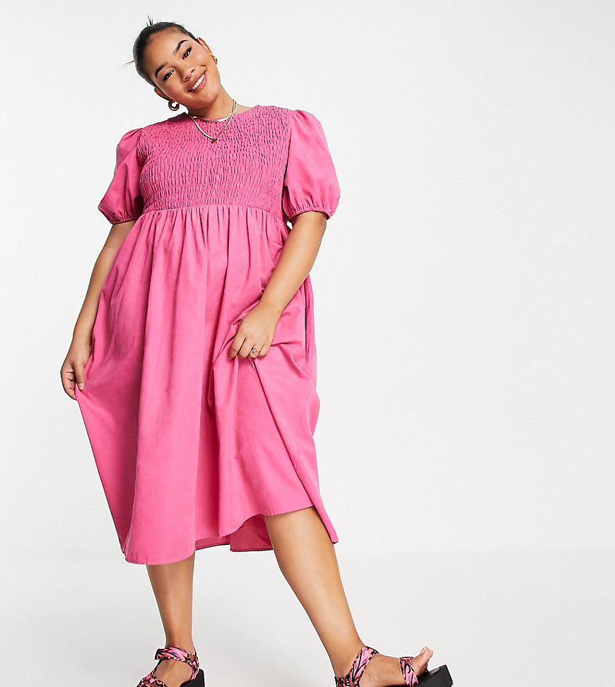 Lola May Plus shirred smock midi dress with puff sleeves in pink