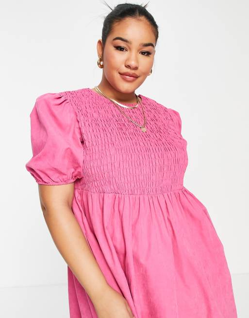 Lola May Plus shirred smock midi dress with puff sleeves in pink, 3 of 4