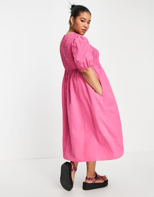 Lola May Plus shirred smock midi dress with puff sleeves in pink, 4 of 4