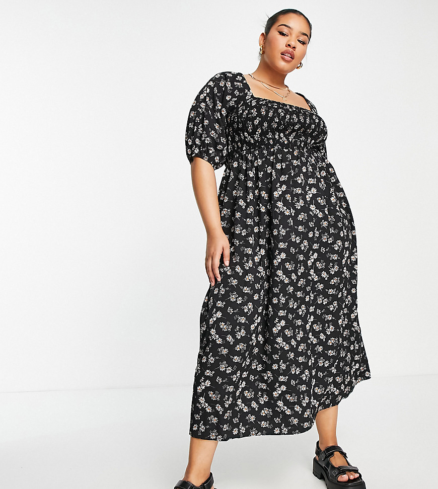 Lola May Plus shirred smock midi dress with tie back in black floral