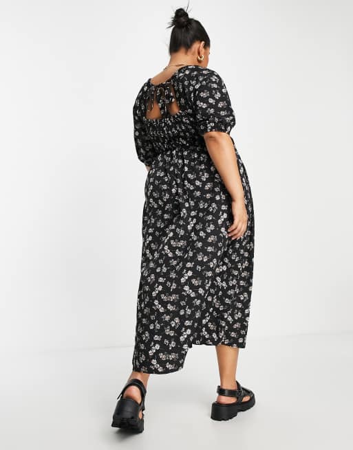 Lola May Plus shirred smock midi dress with tie back in black floral, 3 of 4