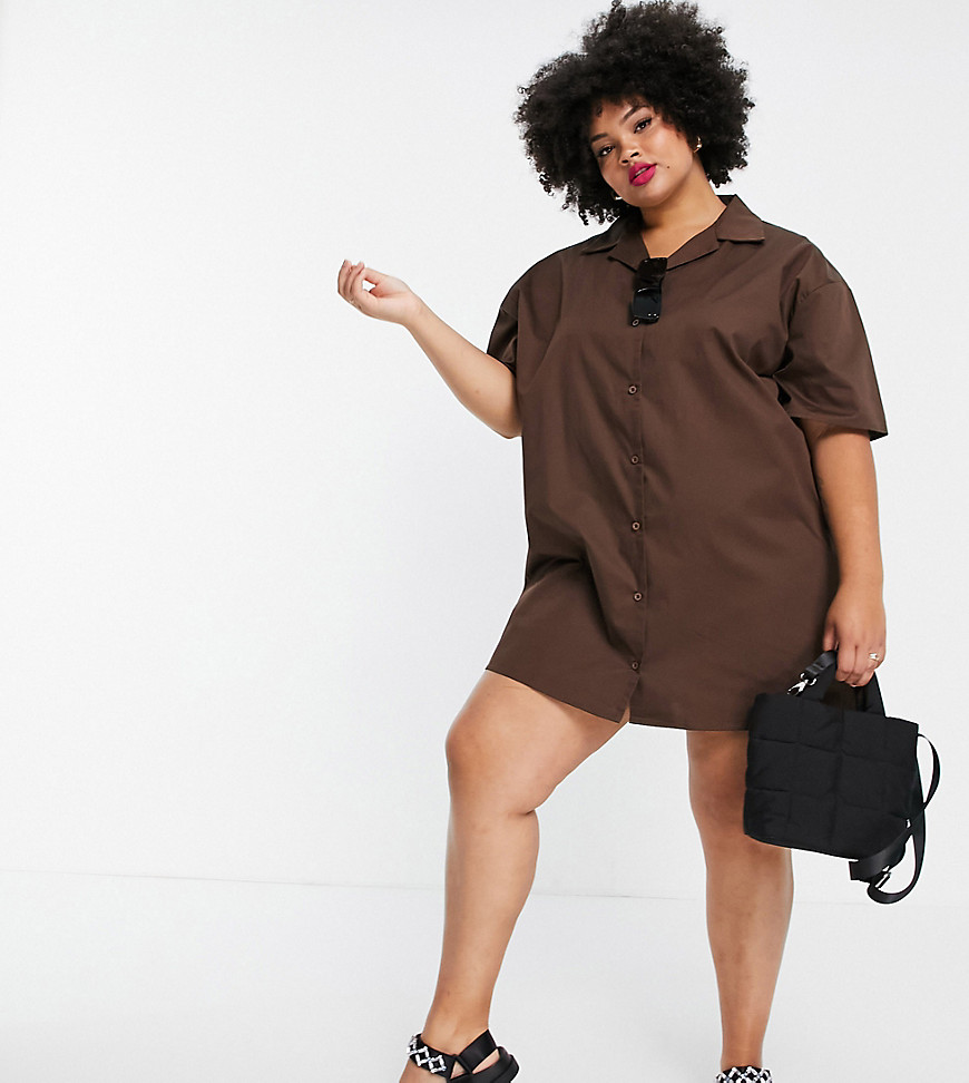 Lola May Plus short sleeve mini shirt dress in chocolate brown
