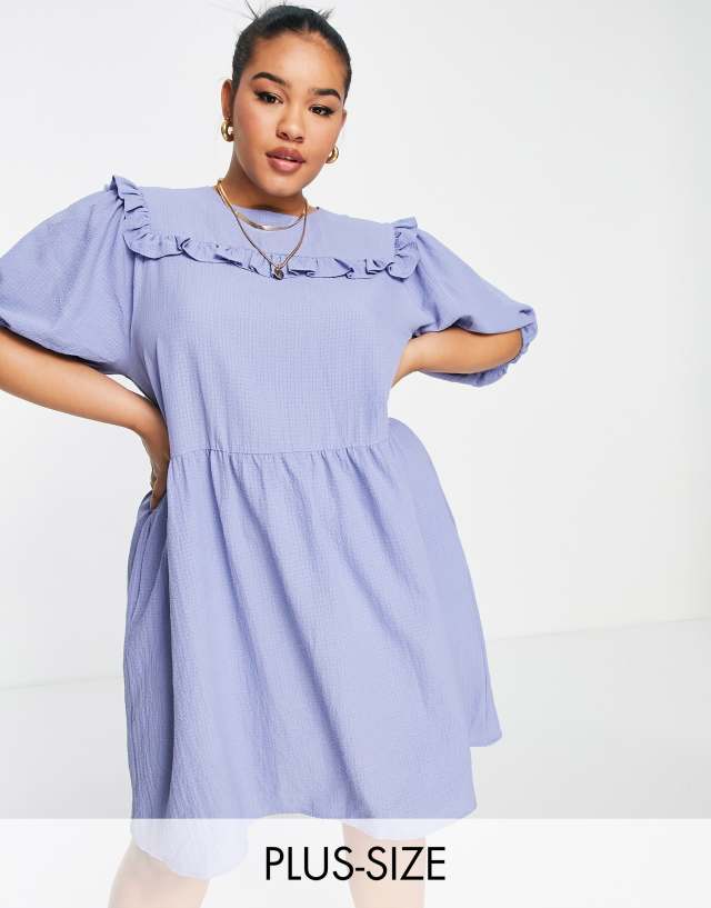 Lola May Plus smock dress with frill detail in blue