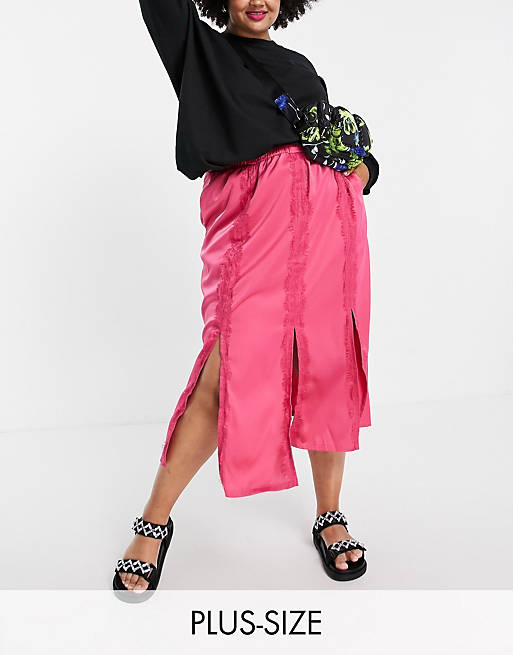 Lola May Plus split front midi skirt with lace detail in hot pink