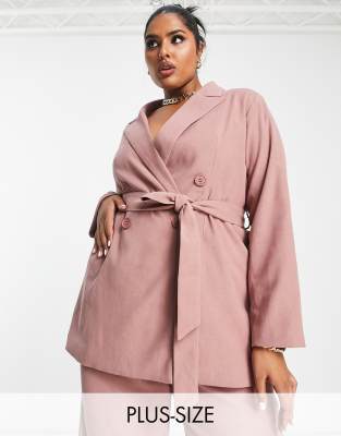 Lola May Plus tie waist blazer in pink - part of a set