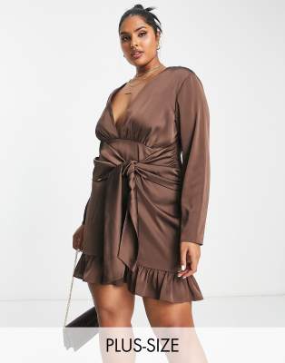 Lola May Curve Lola May Plus tie waist mini dress in chocolate brown