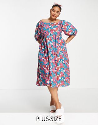 Lola May Plus tiered midi dress with puff sleeves in pink floral