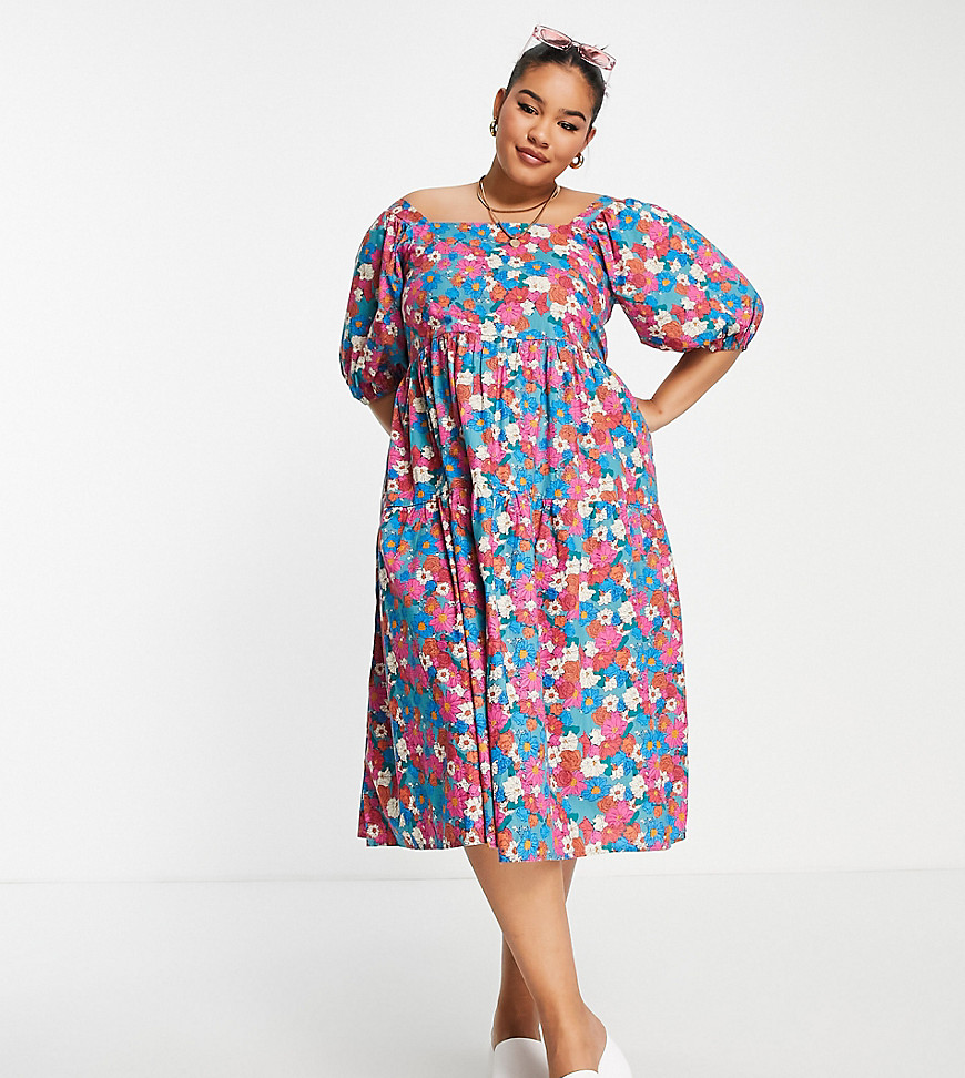Lola May Curve Lola May Plus tiered midi dress with puff sleeves in pink floral