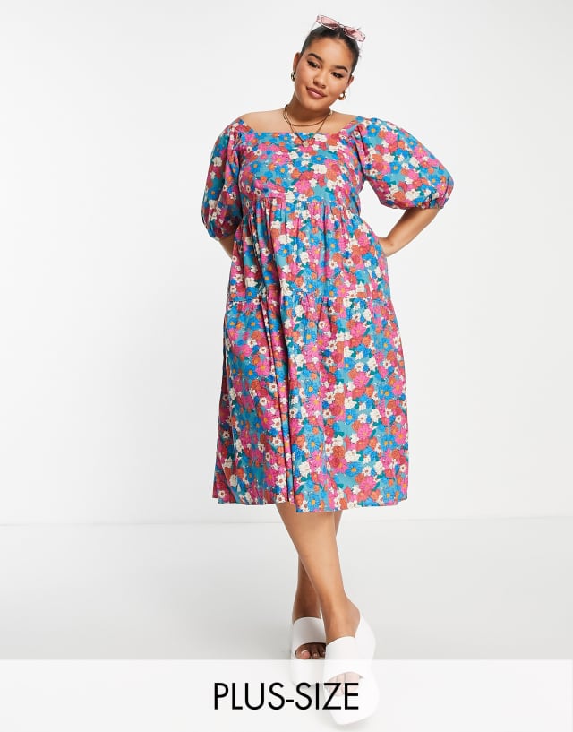 Lola May Plus tiered midi dress with puff sleeves in pink floral