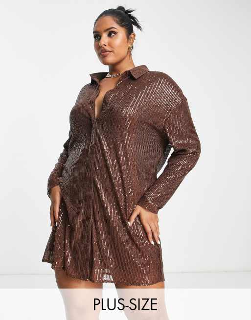 Lola May Plus - Vestito camicia corto con paillettes marrone cioccolato