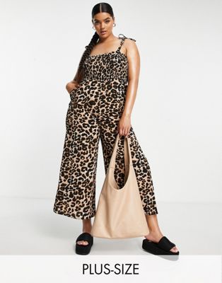 Lola May Plus wide leg jumpsuit with bunny tie in leopard