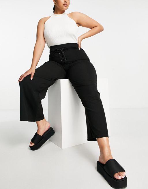 Lola May Plus Wide Leg Trousers With Lace Up Front In Black