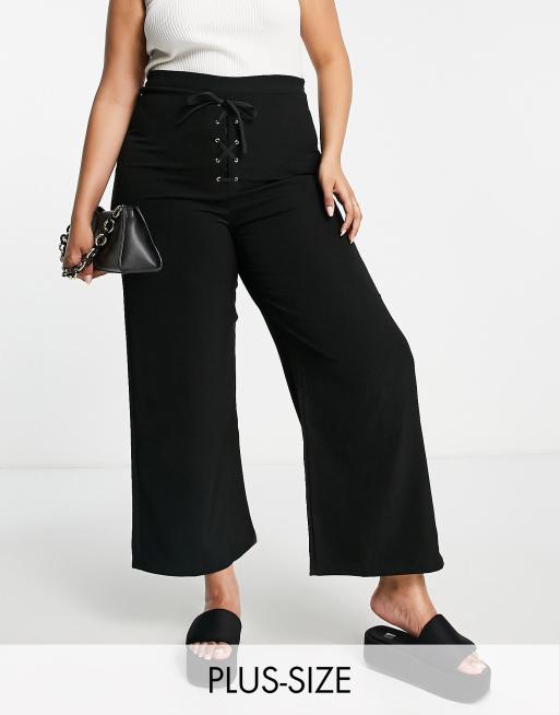 Lola May Plus Wide Leg Trousers With Lace Up Front In Black