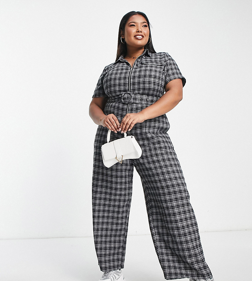 Lola May Plus zip front wide leg jumpsuit in check-Black